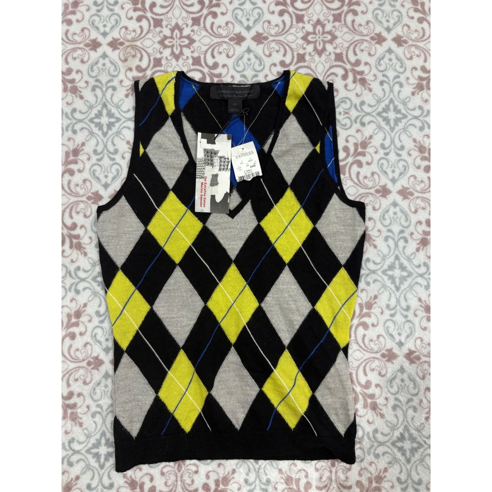 Express Design Studio Merino Wool Argyle Sweater Vest XS Black Blue Yellow